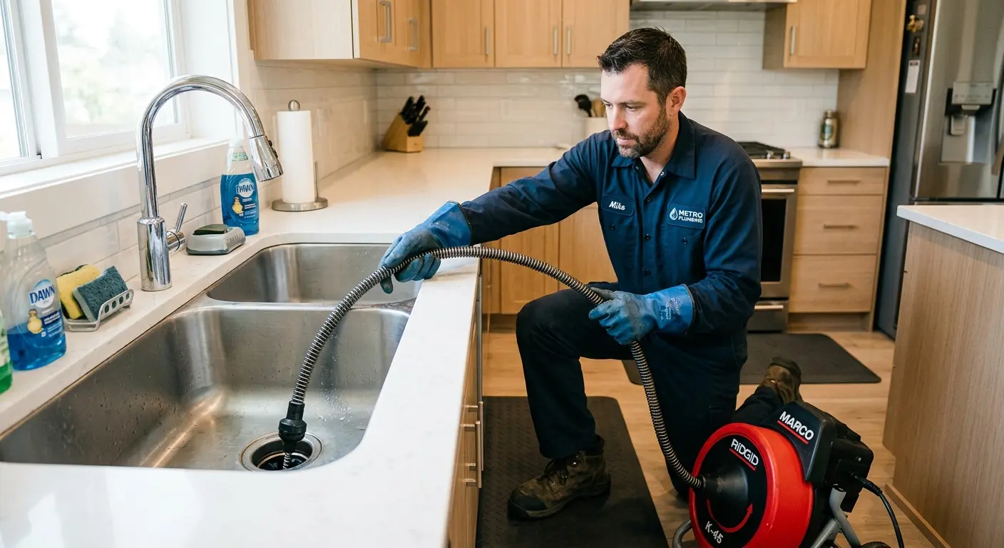 Drain cleaning technician using a motorized snake on a kitchen sink in Sachse