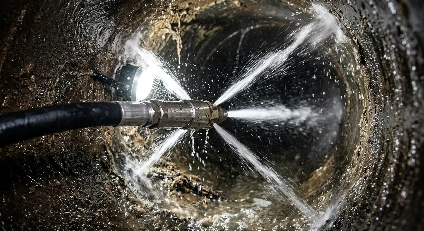 High-pressure hydro jetting nozzle cleaning sewer pipe for Emergency Drain Service in Sachse