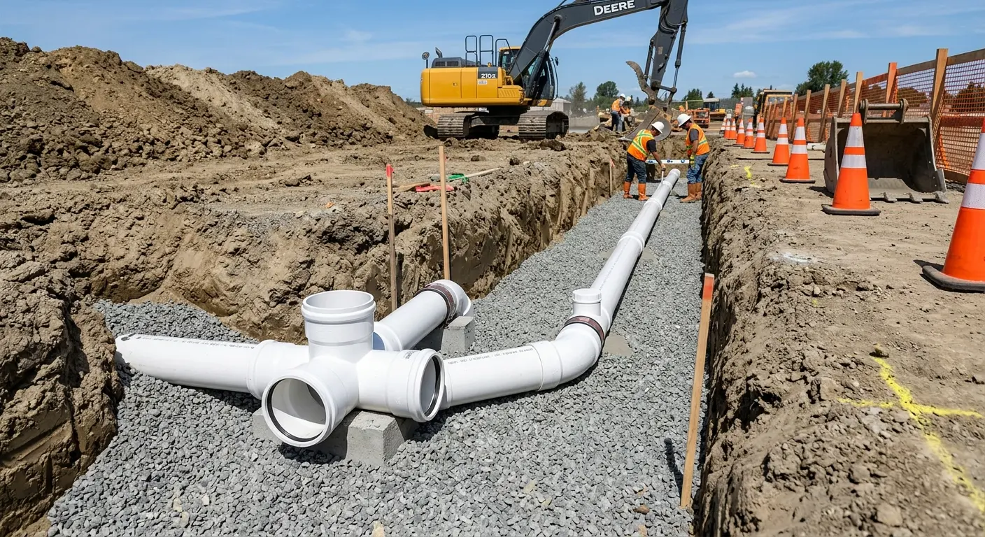New PVC sewer pipe installation in open trench for Grease Trap Cleaning in Sachse