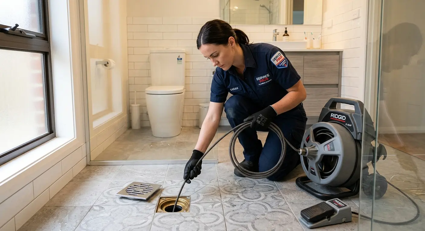 Technician clearing a bathroom floor drain for Sewer Line Installation in Sachse
